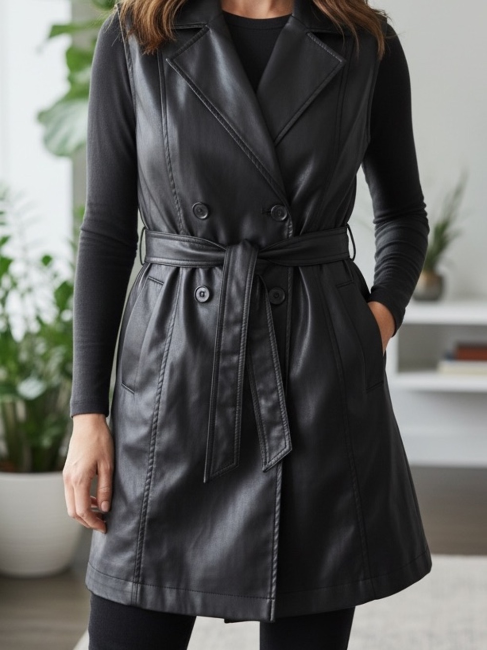TRUTH Black Sleeveless Leather Trench with Tie Belt